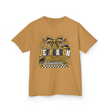 Jefferson Matadors Elementary Kids T-Shirt — School Spirit Bow & Mascot Tee