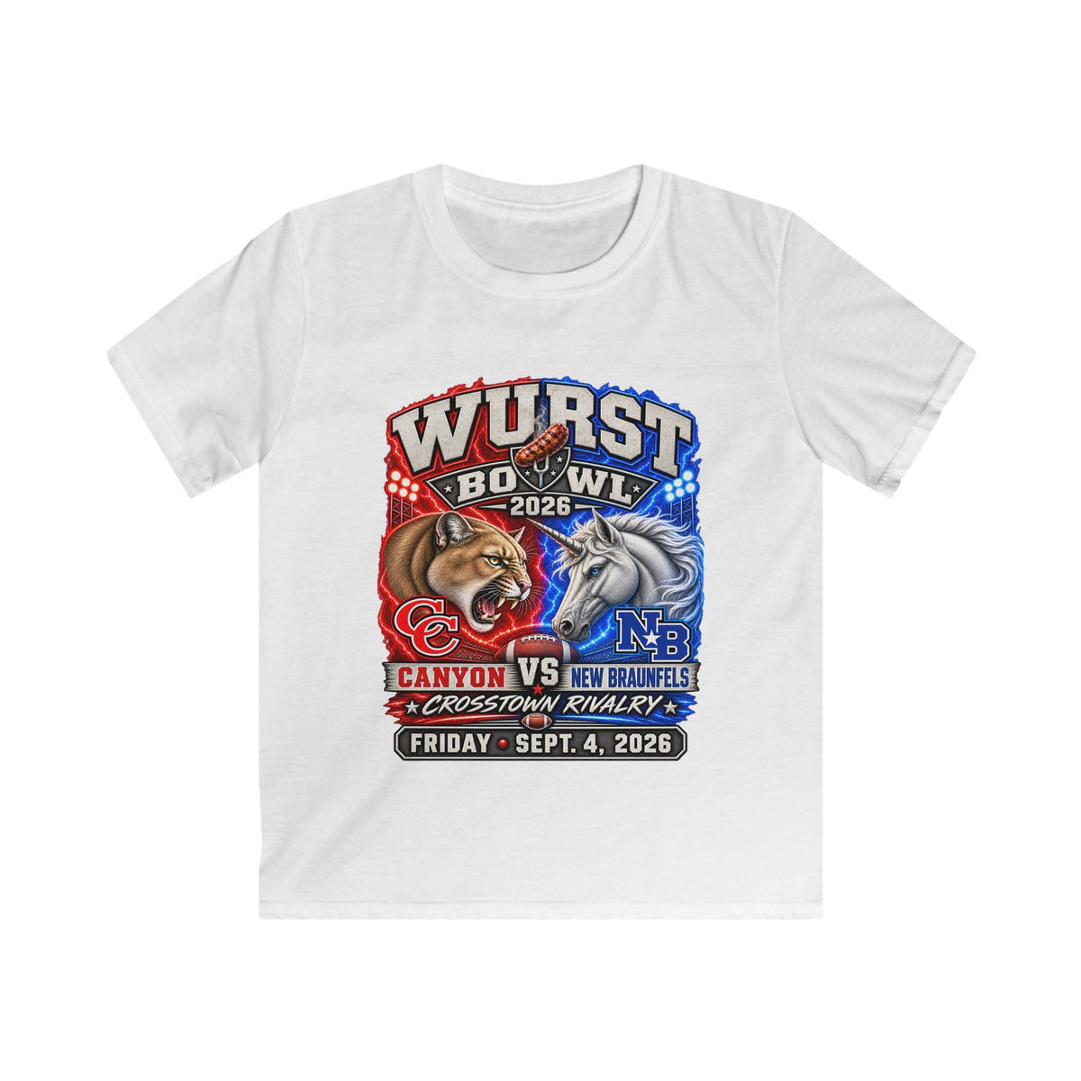 Kids Rivalry Football Tee — Canyon vs New Braunfels ‘Wurst Bowl’ 2026 Game Day Shirt