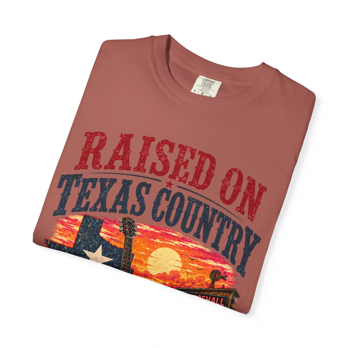 Raised on Texas Country T-Shirt — Gonzales TX Vintage Guitar Sunset Tee