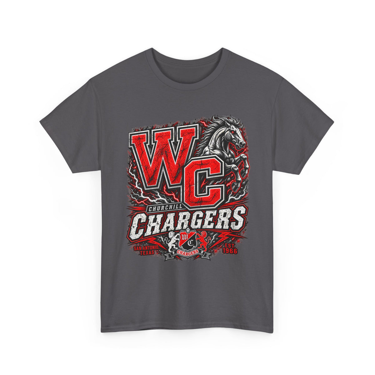 Chargers WC Mascot T-Shirt — Bold Red & Black School Spirit Tee