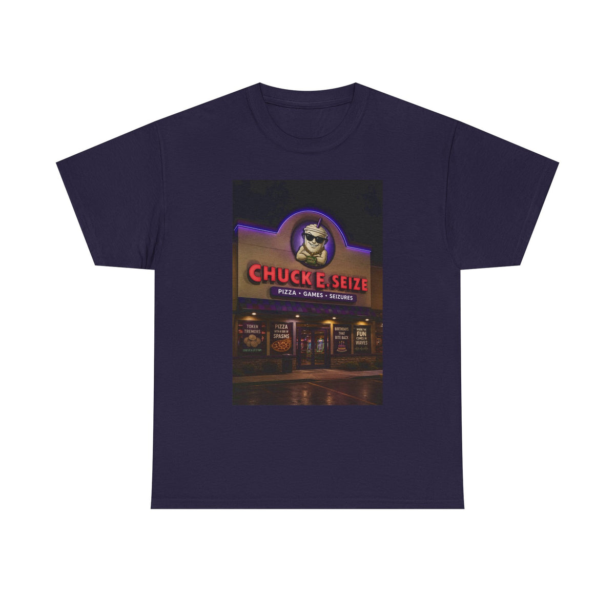 Chuck E Seize Neon Sign T-Shirt — Retro Arcade Pizza Parody Tee