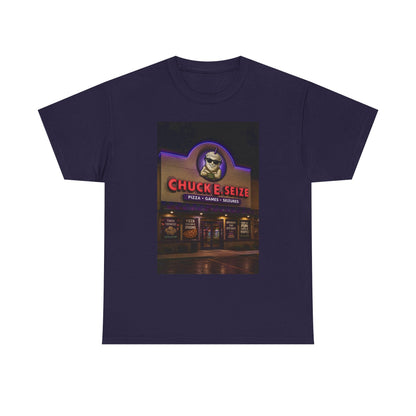 Chuck E Seize Neon Sign T-Shirt — Retro Arcade Pizza Parody Tee