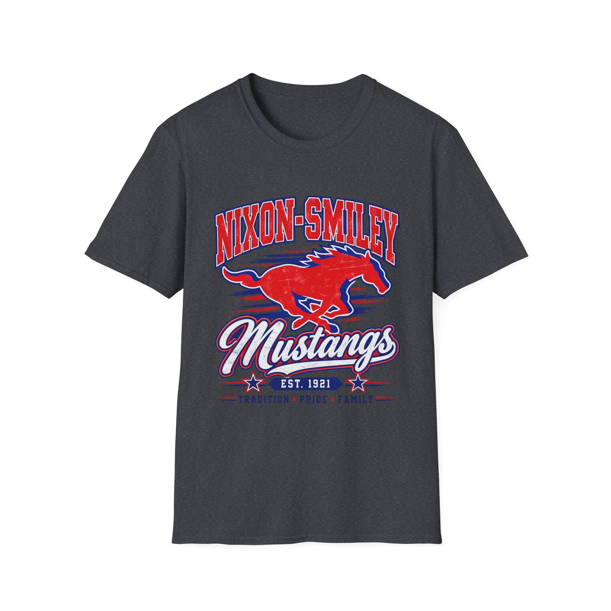 Nixon-Smiley Mustangs Tee — Retro School Mascot T-Shirt