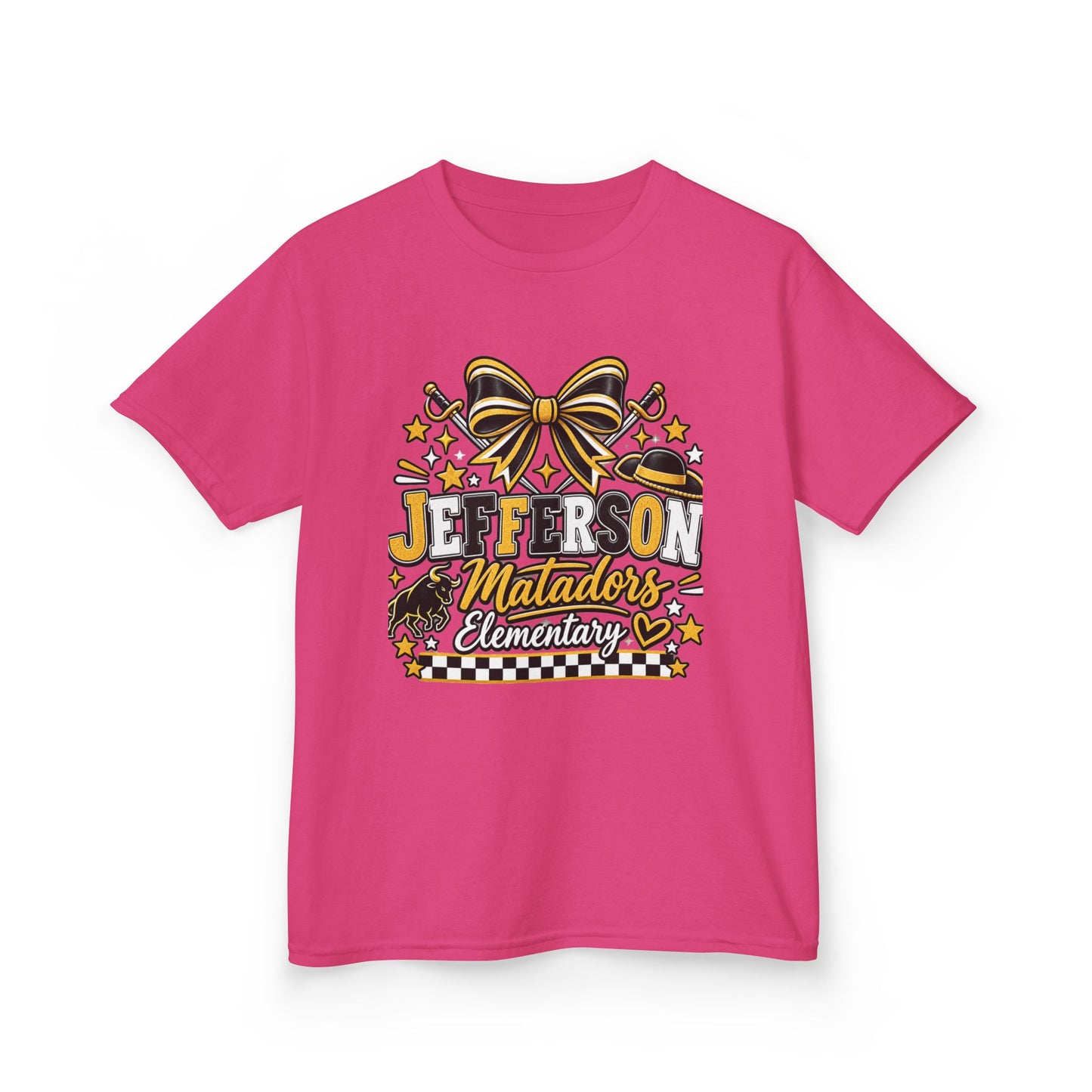 Jefferson Matadors Elementary Kids T-Shirt — School Spirit Bow & Mascot Tee