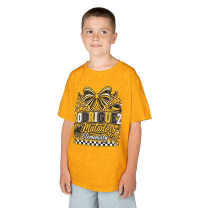 Rodriguez Matadors Elementary Kids T‑Shirt — School Spirit Bow & Mascot Tee
