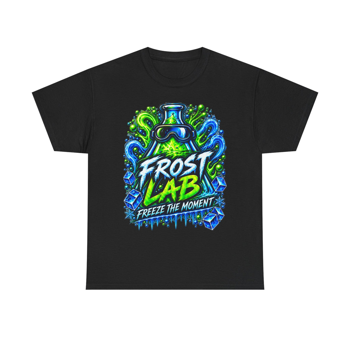 Frost Lab Tee — “Freeze the Moment” Neon Science Graphic Shirt