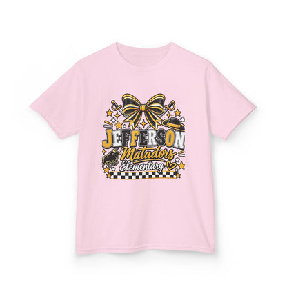 Jefferson Matadors Elementary Kids T-Shirt — School Spirit Bow & Mascot Tee
