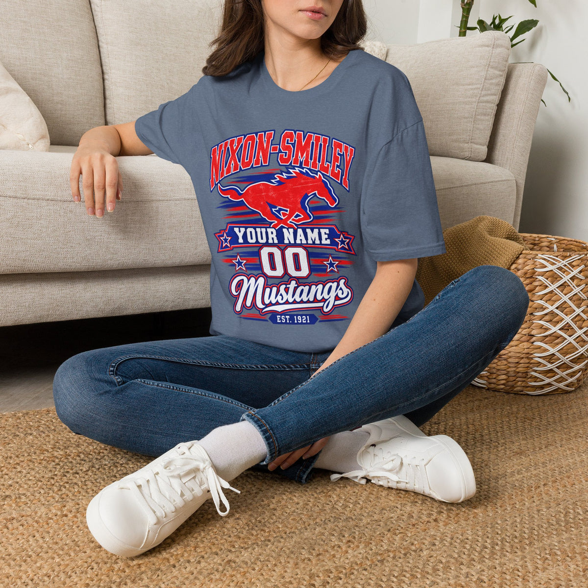 Customizable Mustang Team T-Shirt — 'Nixon-SMiley' Personalized Jersey Tee