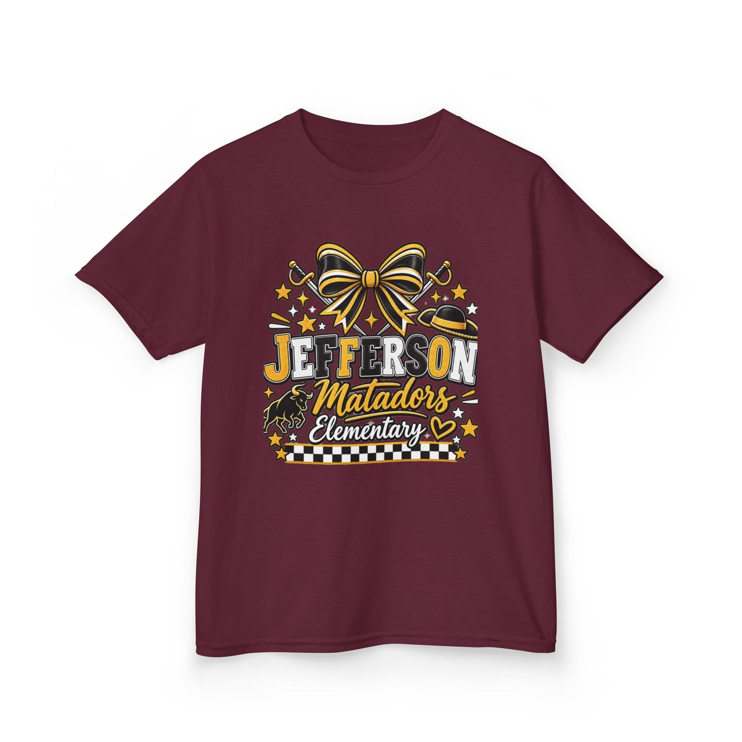 Jefferson Matadors Elementary Kids T-Shirt — School Spirit Bow & Mascot Tee