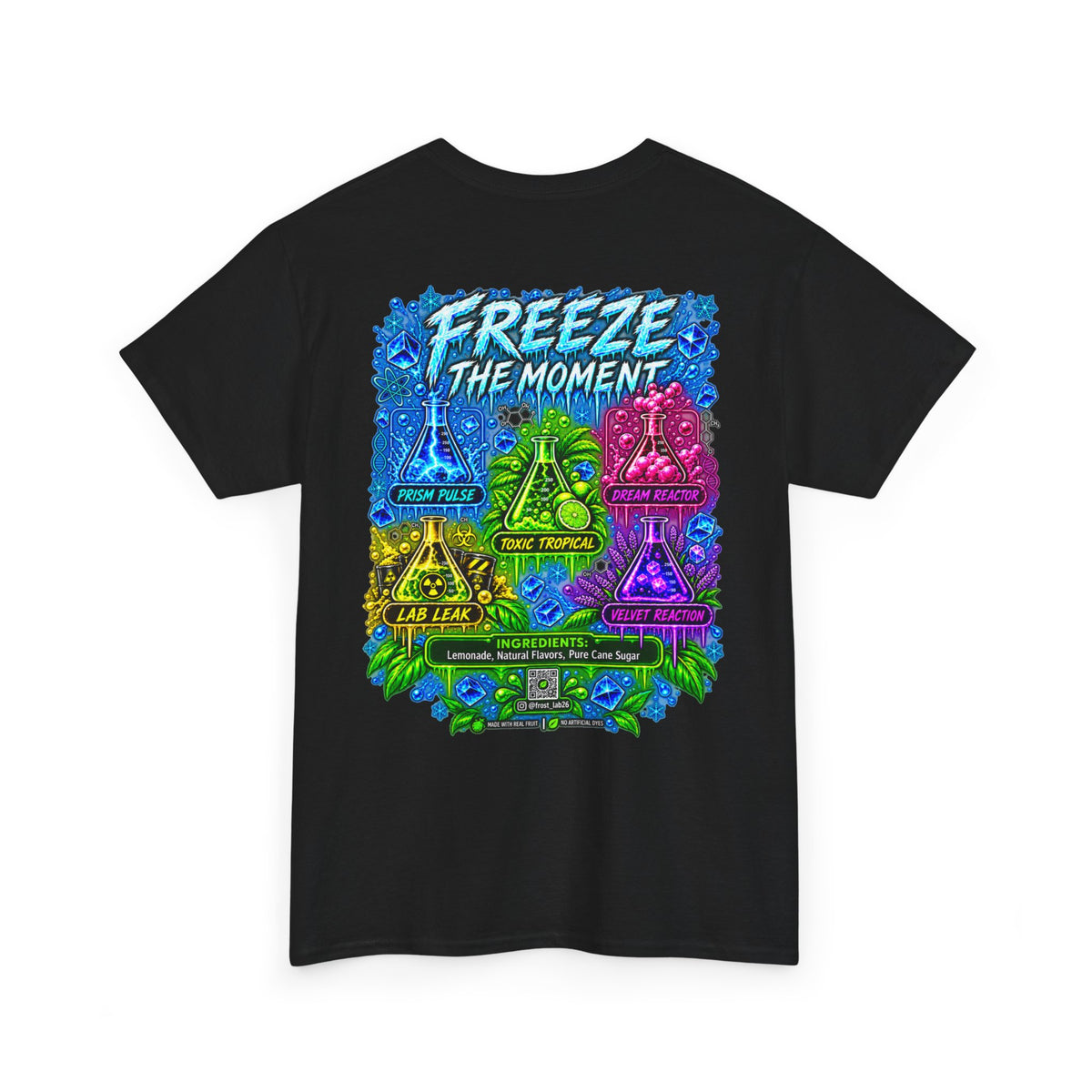Frost Lab Tee — “Freeze the Moment” Neon Science Graphic Shirt