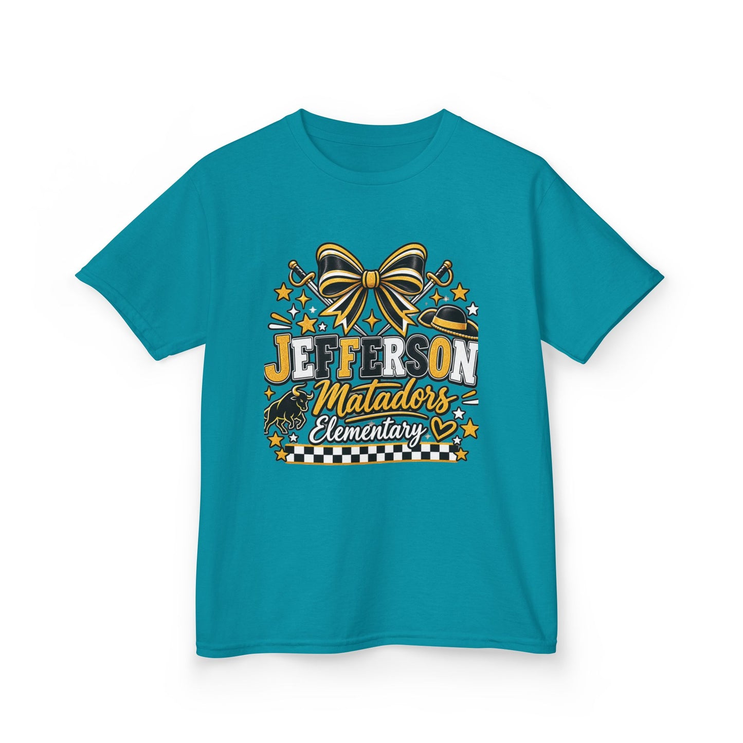 Jefferson Matadors Elementary Kids T-Shirt — School Spirit Bow & Mascot Tee