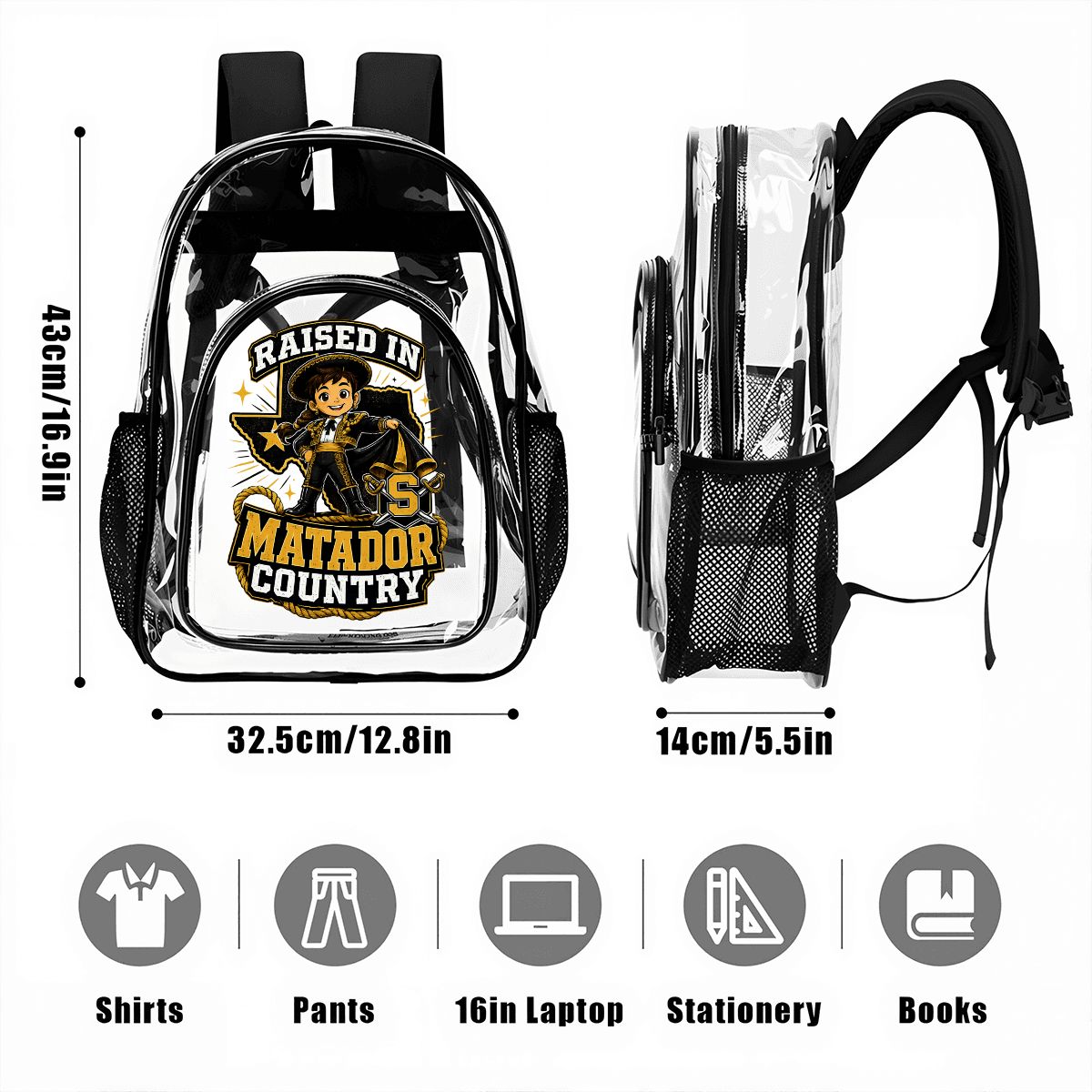 Seguin Junior Lady Matador Clear Backpack with Mesh Pocket
